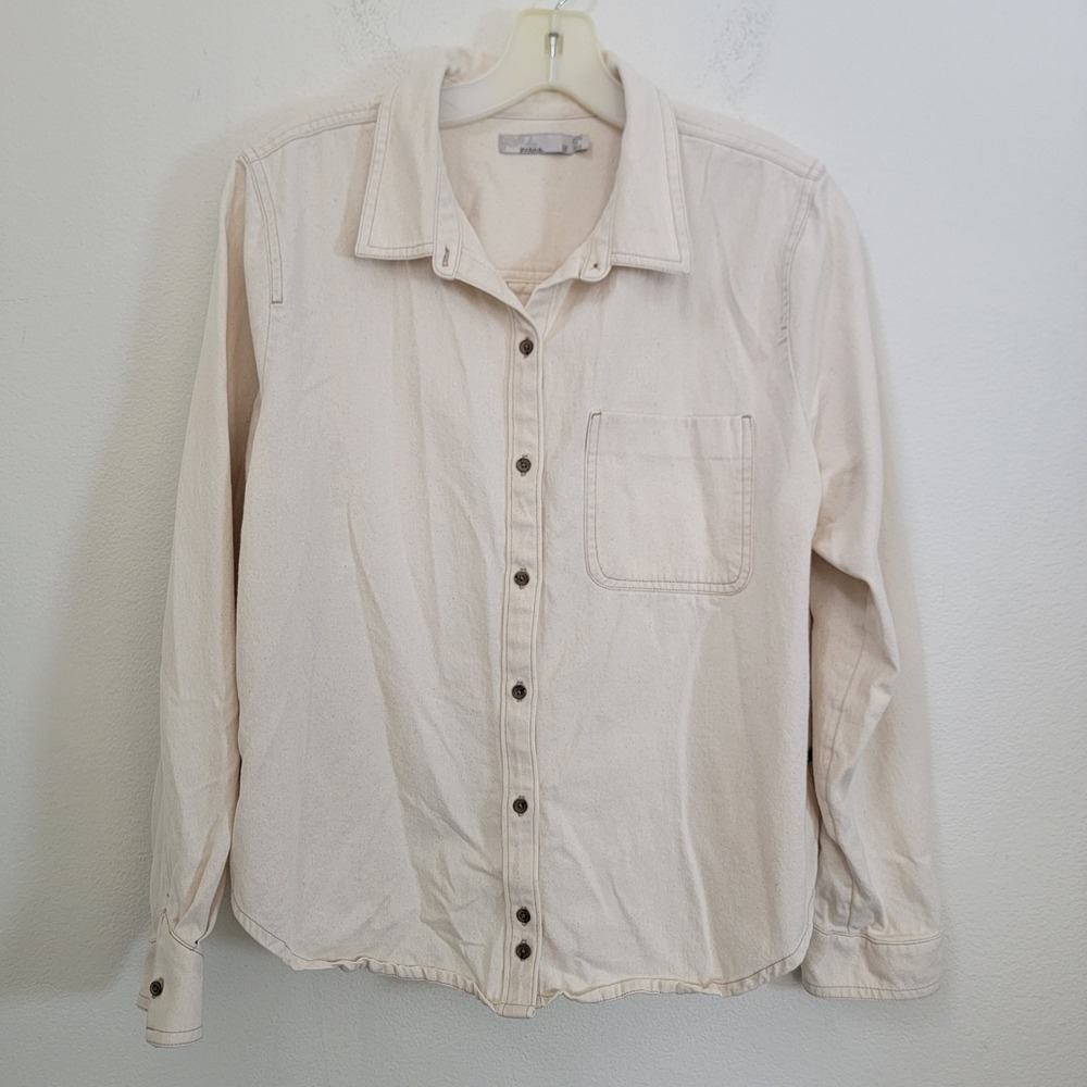 Prana Womens Organic Cotton Button Down Shirt Cream Denim Twill Medium Casual